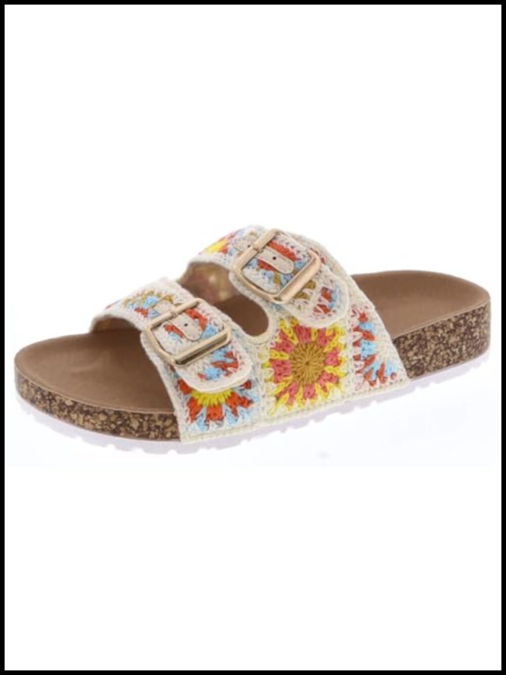 Crochet Double Strap Flat Sandals with Cork Footbed - Comfortable Slide Sandals